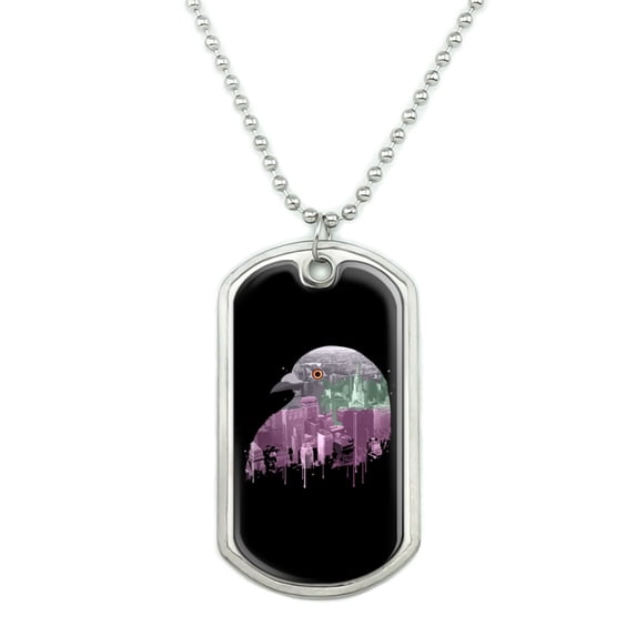 City Skyline Graffiti Pigeon Head Military Dog Tag Pendant Necklace with Chain