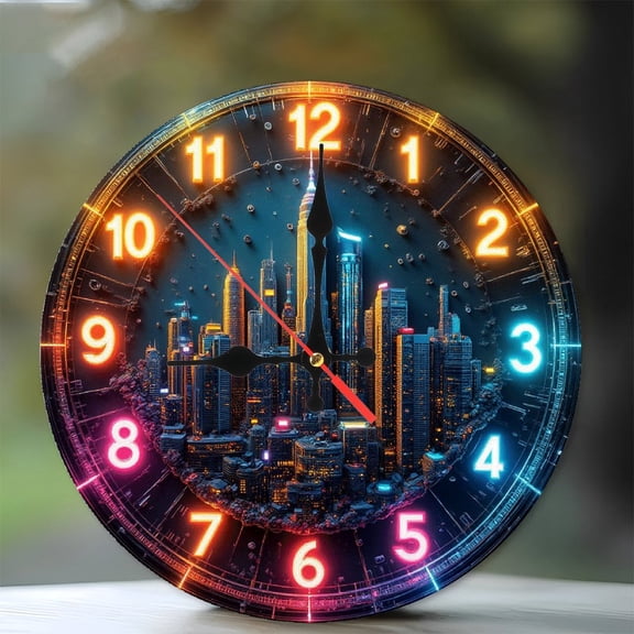 City Skyline LED Wall Clock Nightlight Decor 10-Inch Silent Wooden Wall Clock, Battery Operated (AA Batteries Not Included), Artistic Home Decor