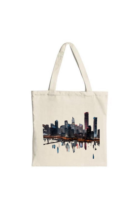 City Skyline Night Tote Bag - Canvas Multifunctional Reusable Shopping Bag with Illuminated Windows Design Perfect for Travel & Parties