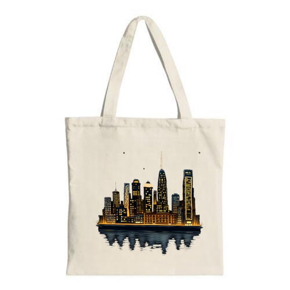 City Skyline Night Tote Bag - Illuminated Buildings Reflecting on Water Perfect for Travel Shopping and Parties - Stylish Canvas Design