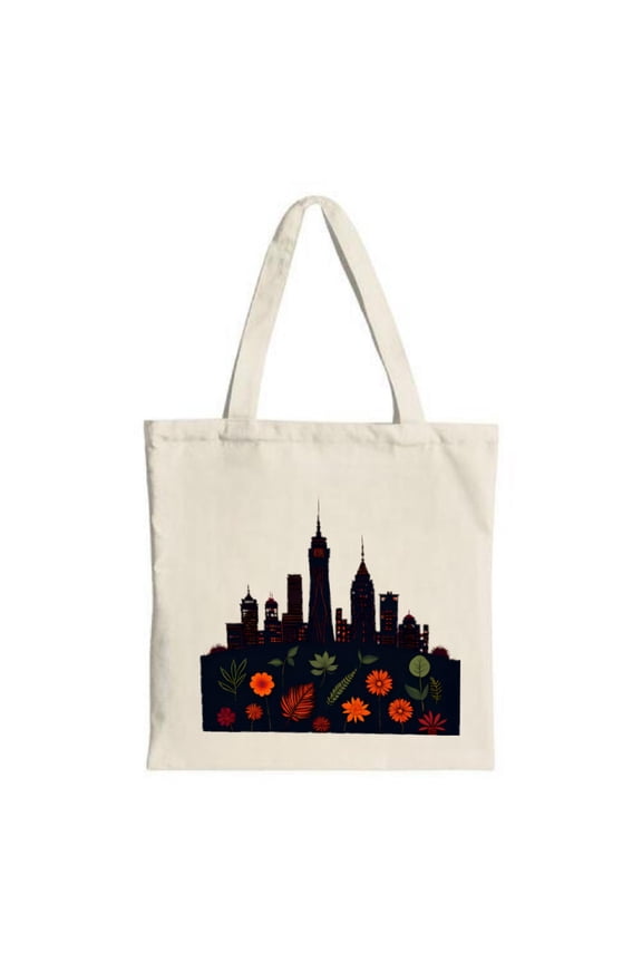 City Skyline Night Tote Bag with Colorful Floral Patterns - Stylish Canvas Bag for Shopping Travel & Parties Reusable & Multifunctional