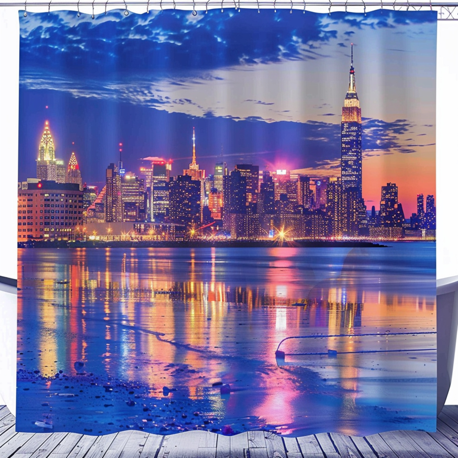 City Skyline Night View Shower Curtain Jersey Shore Boardwalk Style