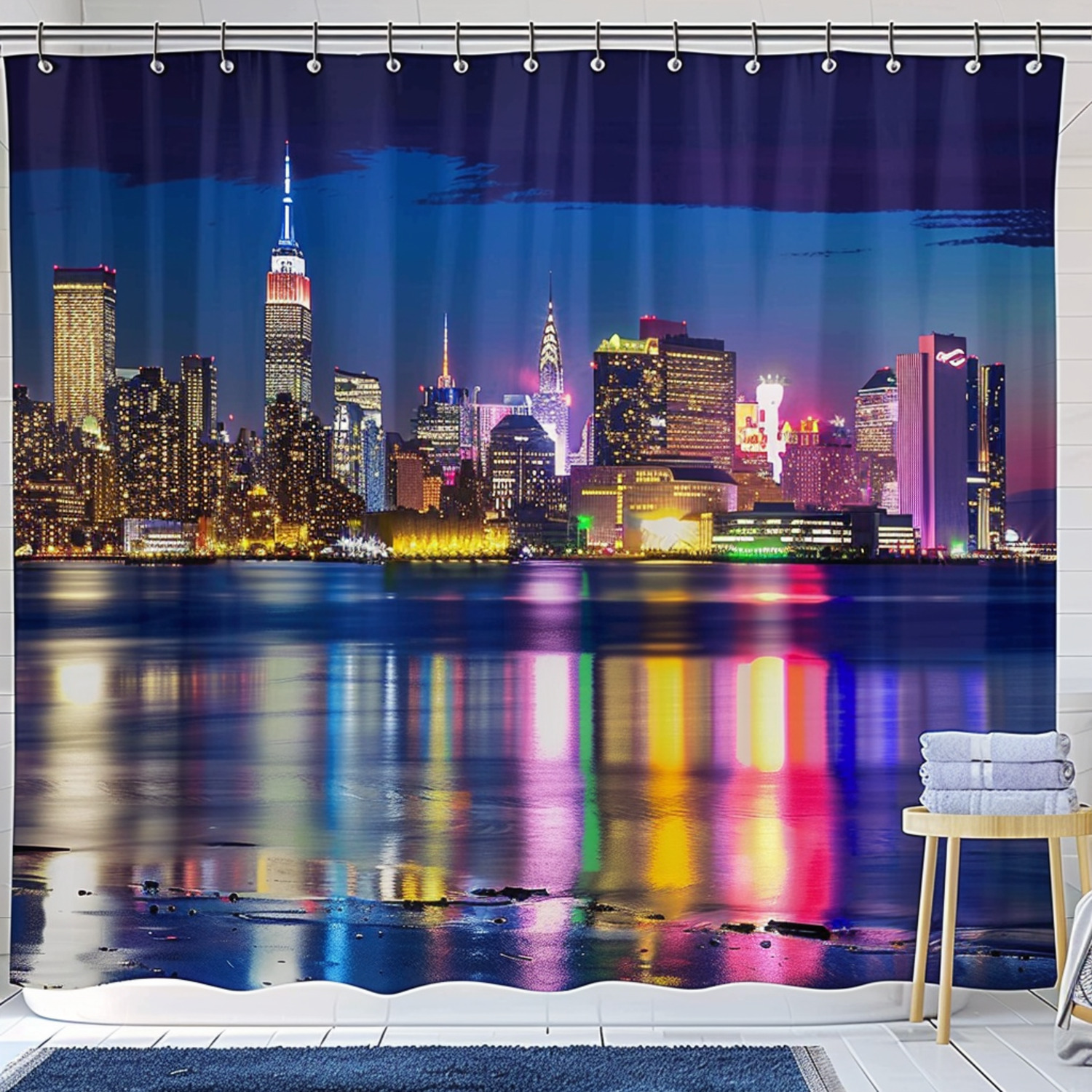 City Skyline Night View Shower Curtain New Jersey Buildings & Lights on