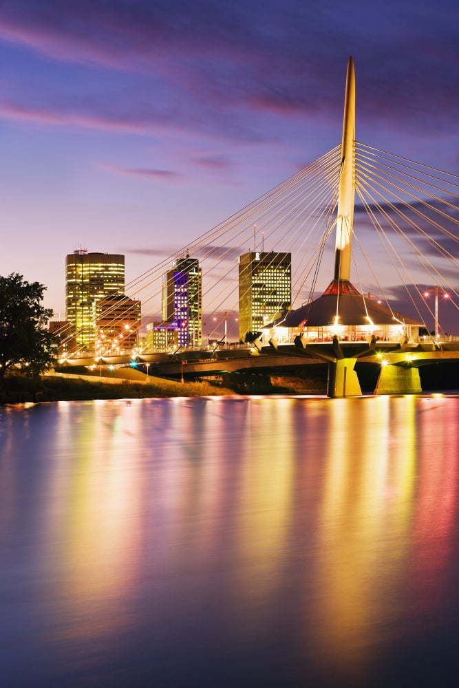 City Skyline Red River And Provencher Bridge At Dusk Winnipeg Manitoba Canvas Art - Yves Marcoux Design Pics (11 x 17)