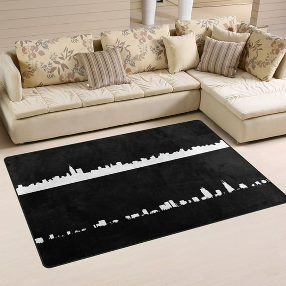 City Skyline Silhouette Soft Polyester Area Rug 31''x20'', Non Slip, Memory Foam, Water Absorbent