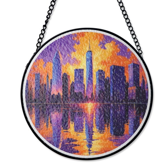 City Skyline Sunset Reflection Stained Glass Suncatcher Modern Living Room Decor Travel Gift