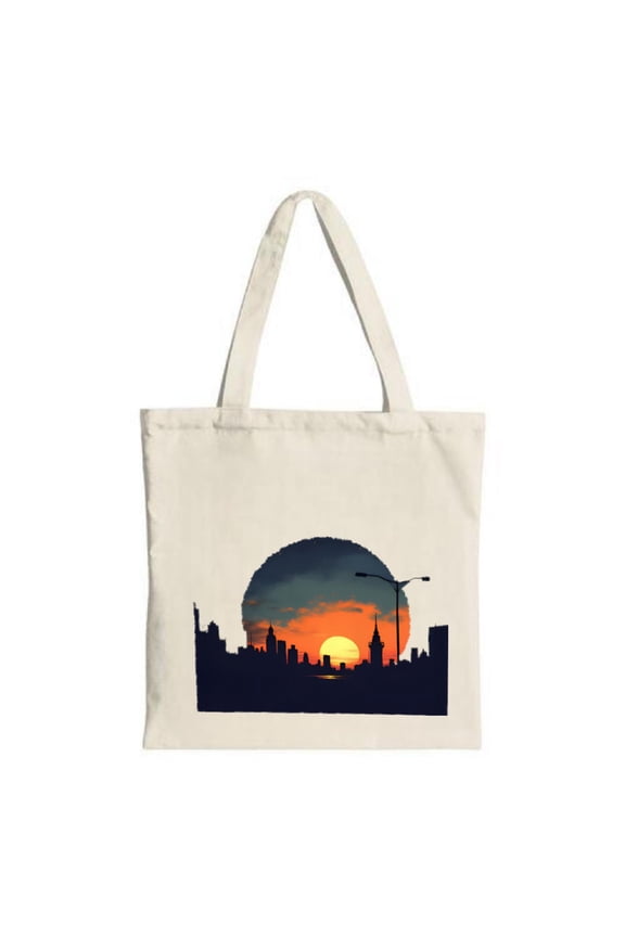 City Skyline Sunset Tote Bag - Vibrant Orange & Yellow Design Perfect for Shopping Travel & Parties Stylish Canvas Reusable Bag
