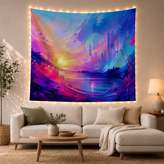 City Skyline at Sunset with Water Reflection, Dreamy Impressionist for Art Lovers, Modern Cityscape Art, Housewarming Gift Tapestry Wall Hanging for Bedroom and Living Room