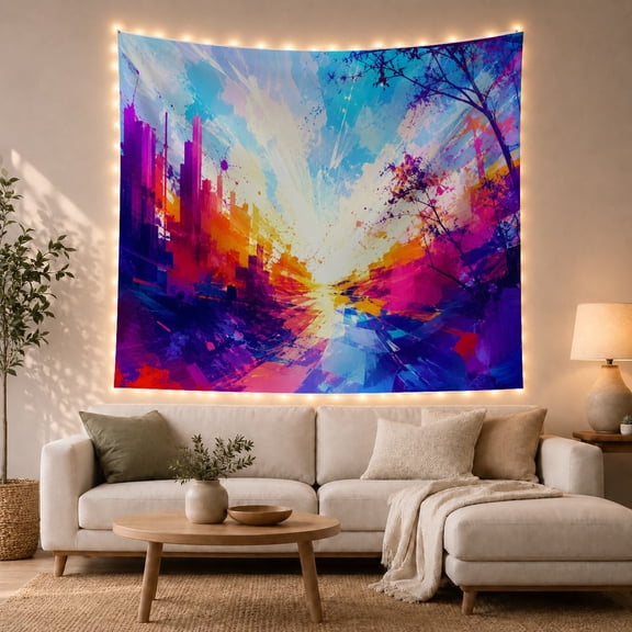 City Skyline and Tree Branches in Radiant Light, Energetic Dreamlike Abstract Art, for Art Lovers, Urban Decor Wall Art, Housewarming Gift, Tapestry Wall Hanging for Living Room, Bedroom and Dorm