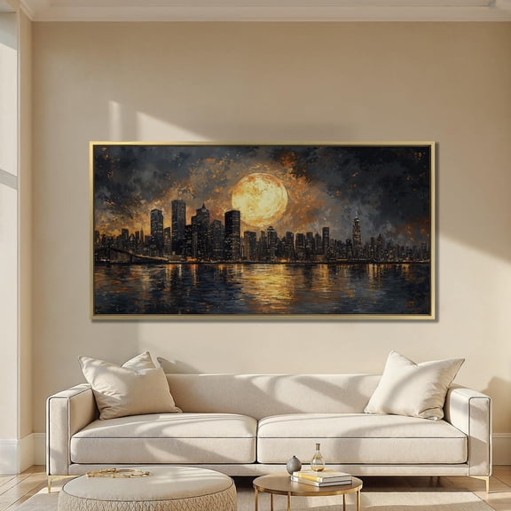 City Skyline with Full Moon Wall Art Urban Nightscape poster Moonlight Cityscape Wall Decor Nighttime Poster Ready to Hang Unframed Paper Print