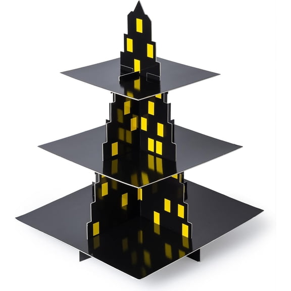 City Skyscraper 3-Tier Superhero Cupcake Stand - Black, Cardboard, Tiered Tray, Rectangular, Birthday, Modern, Solid
