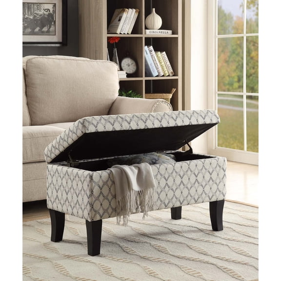City Sleek Storage Ottoman, Ribbon Pattern Fabric, Spacious Hidden Storage, Nailhead Trim, Hinged Lid, Stylish Turned Feet, Sturdy Build