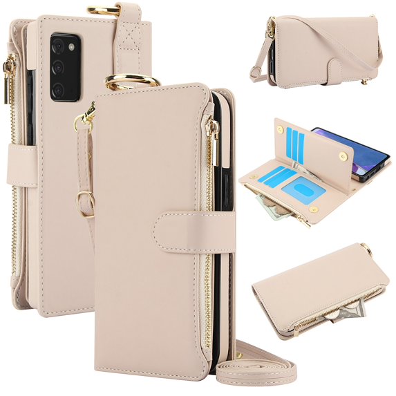 ELEHOLD For Samsung Galaxy Note 20 Phone Case Leather Crossbody Zipper Card Wallet Flip Case Kickstand Cover, with Ring Holder,Full Body Protection-White