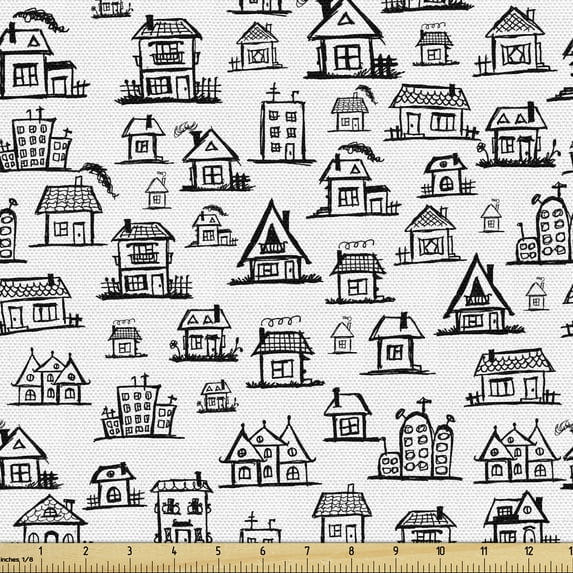 Ambesonne City Fabric by the Yard Upholstery, Village Houses Doodle Town, 1 Yard, Black White