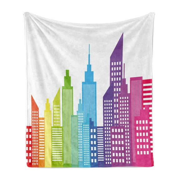 City Soft Flannel Fleece Blanket, Colorful City Skyline Abstract Skyscraper Silhouettes Geometric Arrangement American, Cozy Plush for Indoor and Outdoor Use, 50" x 60", Multicolor, by Ambesonne