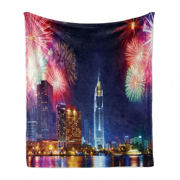 City Soft Flannel Fleece Blanket, Colorful Image of Fireworks in the Sky over Business District Ho Chi Minh in Vietnam, Cozy Plush for Indoor and Outdoor Use, 50" x 70", Multicolor, by Ambesonne