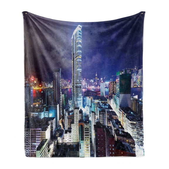 City Soft Flannel Fleece Blanket, Downtown in Hong Kong Urban View at Night High Rise Buildings Modern Business District, Cozy Plush for Indoor and Outdoor Use, 50" x 60", Multicolor, by Ambesonne