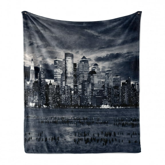 City Soft Flannel Fleece Blanket, Dramatic View of New York Skyline from the Jersey Side Clouds Buildings Urban, Cozy Plush for Indoor and Outdoor Use, 50" x 70", Blegrey Black White, by Ambesonne