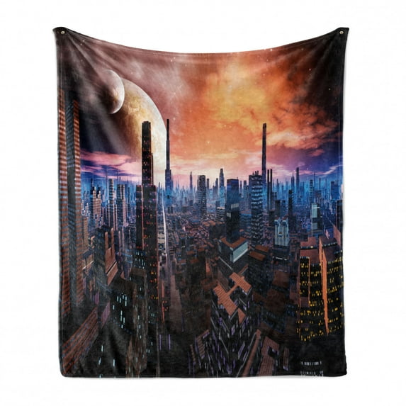 City Soft Flannel Fleece Blanket, Futuristic Cityscape on Distant World Sci-Fi Inspired Design Planets in Sky, Cozy Plush for Indoor and Outdoor Use, 60" x 80", Orange Blue Cinnamon, by Ambesonne