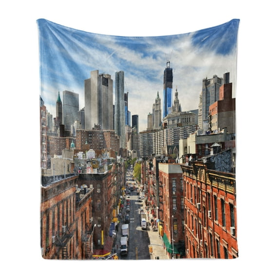 City Soft Flannel Fleece Blanket, Lower Manhattan Cityscape Famous Travel Destination NYC Avenue Historical, Cozy Plush for Indoor and Outdoor Use, 60" x 80", Dark Orange Grey Blue, by Ambesonne