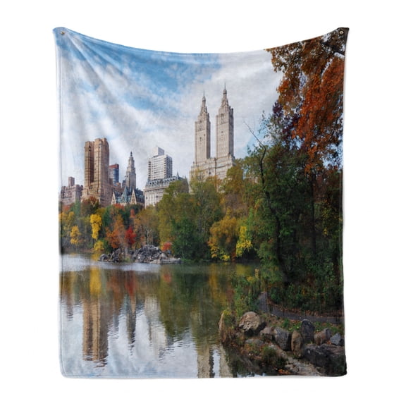 City Soft Flannel Fleece Blanket, Manhattan Central Park Panorama in Autumn Scenic Lake View Colorful Trees Reflection, Cozy Plush for Indoor and Outdoor Use, 60" x 80", Multicolor, by Ambesonne