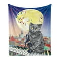 thumbnail image 1 of City Soft Flannel Fleece Blanket, Musical Notes Cat the Keyboard on Rooftops in Night Sky Old Town Full Moon Art Print, Cozy Plush for Indoor and Outdoor Use, 50" x 70", Multicolor, by Ambesonne, 1 of 5