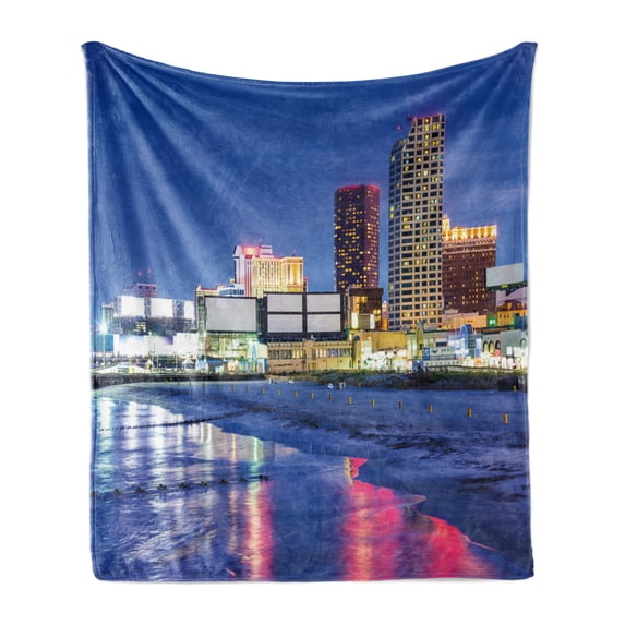 City Soft Flannel Fleece Blanket, Resort Casinos on Shore at Night Atlantic City New Jersey United States, Cozy Plush for Indoor and Outdoor Use, 50" x 70", Violet Blue Pink Yellow, by Ambesonne
