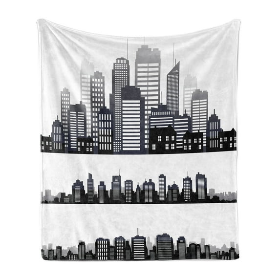 City Soft Flannel Fleece Blanket, Silhouette Long Buildings Skyline Real Estate Pattern Architecture Inspirations, Cozy Plush for Indoor and Outdoor Use, 50" x 70", Black Grey White, by Ambesonne