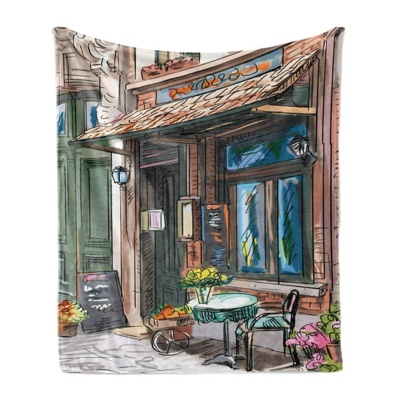 City Soft Flannel Fleece Blanket, Street in Paris Cafe Illustration Holiday Theme Summer Season Eating Drinking Cartoon, Cozy Plush for Indoor and Outdoor Use, 50" x 60", Multicolor, by Ambesonne