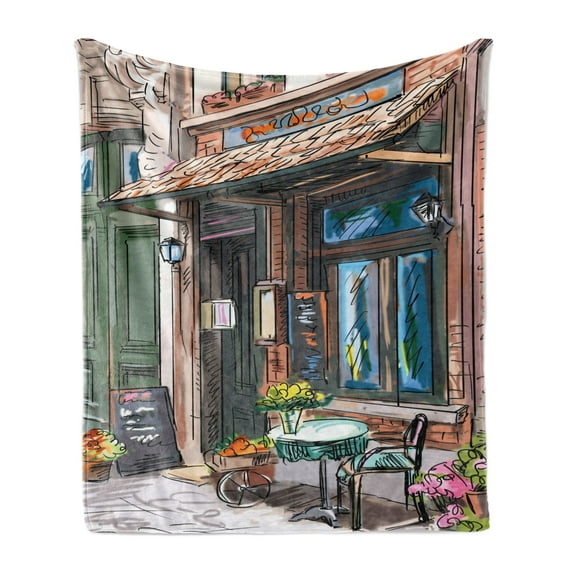City Soft Flannel Fleece Blanket, Street in Paris Cafe Illustration Holiday Theme Summer Season Eating Drinking Cartoon, Cozy Plush for Indoor and Outdoor Use, 70" x 90", Multicolor, by Ambesonne