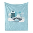 thumbnail image 1 of City Soft Flannel Fleece Blanket, Winter Season Composition Snow Pattern with Houses and Bridges Architecture, Cozy Plush for Indoor and Outdoor Use, 50" x 70", Pale Blue Grey White, by Ambesonne, 1 of 6