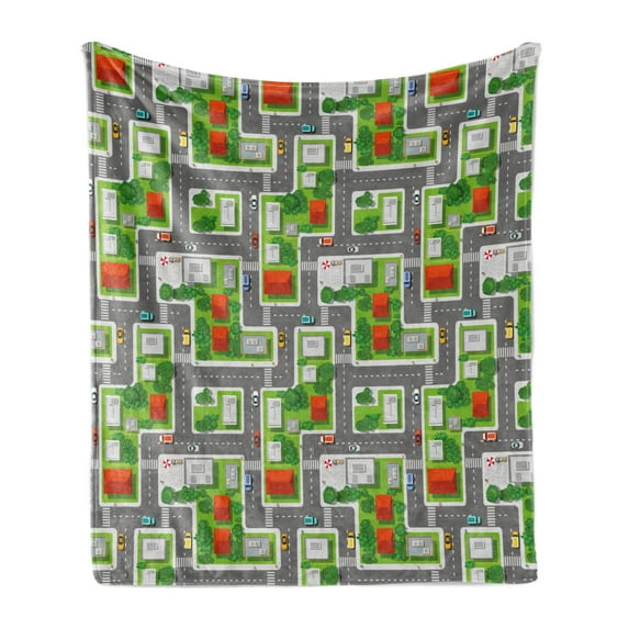 City Soft Flannel Fleece Throw Blanket, Birds Eye View Map of the Abstract Town Streets Roads Houses and Cars Cartoon Print, Cozy Plush for Indoor and Outdoor Use, 50" x 70", Multicolor, by Ambesonne