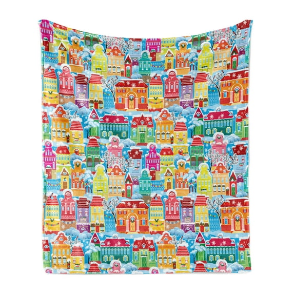 City Soft Flannel Fleece Throw Blanket, Colorful Town Design Ornamental Winter Holiday Christmas Time Architecture Pattern, Cozy Plush for Indoor and Outdoor Use, 70" x 90", Multicolor, by Ambesonne