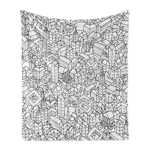 City Soft Flannel Fleece Throw Blanket, Crowded Urban Life Depiction in a Simple Black and White Drawing Big Buildings, Cozy Plush for Indoor and Outdoor Use, 50" x 60", Black White, by Ambesonne