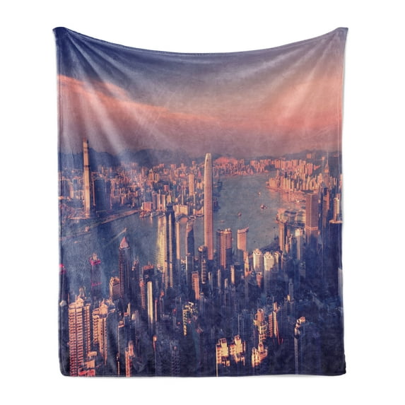 City Soft Flannel Fleece Throw Blanket, Dreamy View of Chinese City Hong Kong Urban Scene Concept Victoria Harbor, Cozy Plush for Indoor and Outdoor Use, 50" x 70", Pale Pink Night Blue, by Ambesonne