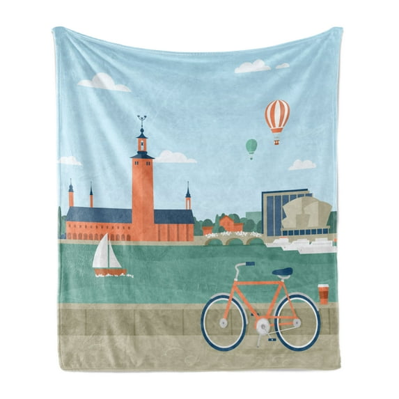 City Soft Flannel Fleece Throw Blanket, Illustration of Seaside Promenade in Stockholm Sweden View of the Town Hall Bicycle, Cozy Plush for Indoor and Outdoor Use, 50" x 70", Multicolor, by Ambesonne