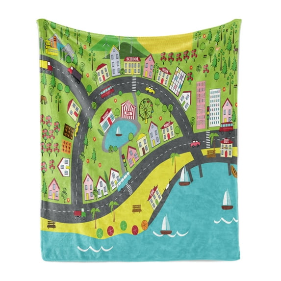City Soft Flannel Fleece Throw Blanket, Landscape of Urban and Suburbs with Colorful City Elements Skyscrapers and Highways, Cozy Plush for Indoor and Outdoor Use, 70" x 90", Multicolor, by Ambesonne