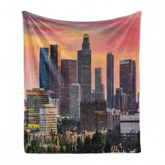City Soft Flannel Fleece Throw Blanket, Los Angeles California Skyline with Modern Buildings and an Orange Sky, Cozy Plush for Indoor and Outdoor Use, 70" x 90", Multicolor, by Ambesonne
