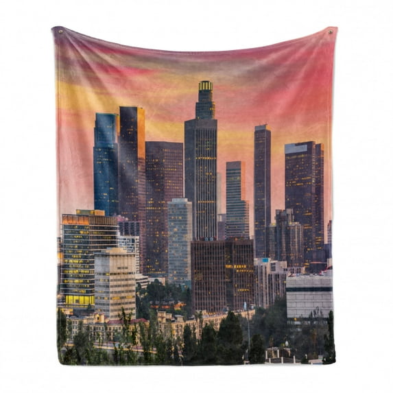 City Soft Flannel Fleece Throw Blanket, Los Angeles California Skyline with Modern Buildings and an Orange Sky, Cozy Plush for Indoor and Outdoor Use, 70" x 90", Multicolor, by Ambesonne
