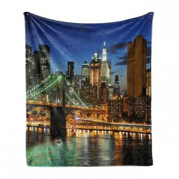 City Soft Flannel Fleece Throw Blanket, New York at Night with Brooklyn Bridge Skyscrapers Famous Metropolis Manhattan USA, Cozy Plush for Indoor and Outdoor Use, 50" x 60", Multicolor, by Ambesonne