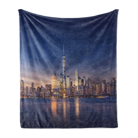 City Soft Flannel Fleece Throw Blanket, New York Skyline Manhattan After Sunset Metropolis Downtown Urban Panorama USA, Cozy Plush for Indoor and Outdoor Use, 70" x 90", Navy Blue Peach, by Ambesonne