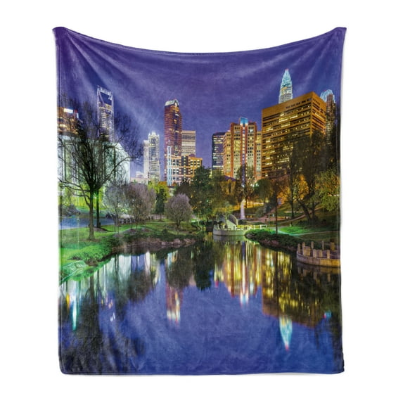 City Soft Flannel Fleece Throw Blanket, North Carolina Marshall Park United States American Night Reflections on Lake Photo, Cozy Plush for Indoor and Outdoor Use, 50" x 60", Multicolor, by Ambesonne