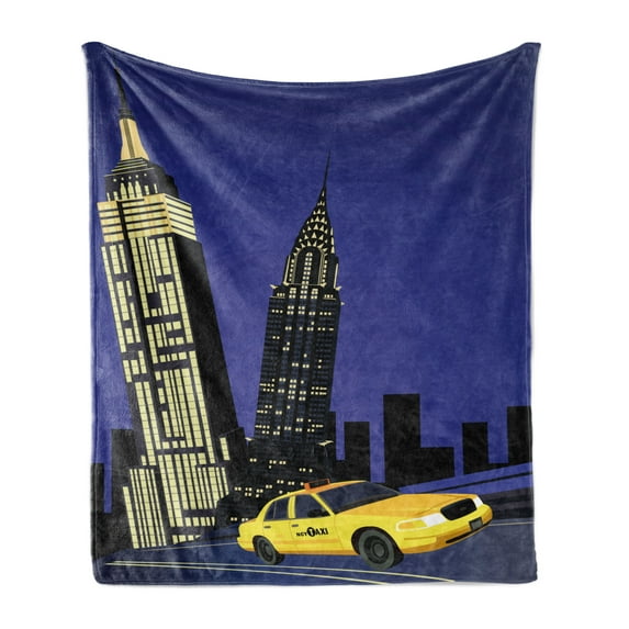 City Soft Flannel Fleece Throw Blanket, Skyscrapers and Taxi New York Theme American Downtown Scenic Skyline, Cozy Plush for Indoor and Outdoor Use, 50" x 60", Violet Blue Yellow Black, by Ambesonne