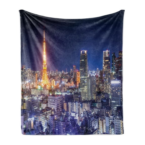 City Soft Flannel Fleece Throw Blanket, Vibrant Illustration of Tokyo Japan at Night Busy Life Business District, Cozy Plush for Indoor and Outdoor Use, 50" x 70", Multicolor, by Ambesonne