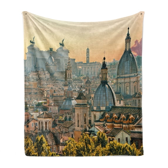 City Soft Flannel Fleece Throw Blanket, View of Rome from Castel Sant'Angelo Italy Historical Landmark Vatican, Cozy Plush for Indoor and Outdoor Use, 70" x 90", Pale Salmon Ivory Green, by Ambesonne