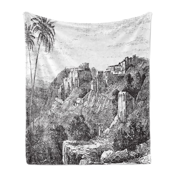 City Soft Flannel Fleece Throw Blanket, Vintage Engraved Style Drawing of Bethlehem Palestine Landscape, Cozy Plush for Indoor and Outdoor Use, 50" x 60", Charcoal Grey and White, by Ambesonne