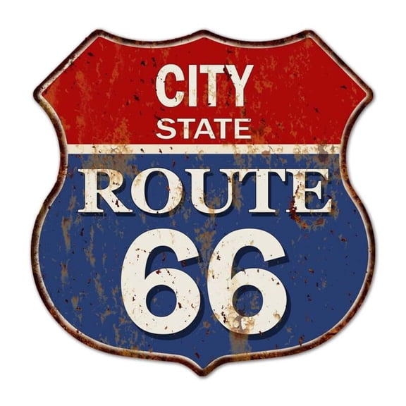City/State Customized Route 66 Shield Metal Sign Man Cave Red Size: 12"x 12"