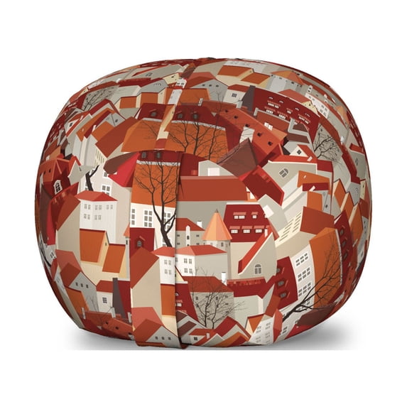 City Storage Toy Bag Chair, Landscape Illustration with Tile Roof Pattern Urban Architecture Ornamental Design, Stuffed Animal Organizer Washable Bag, Large Size, Multicolor, by Ambesonne