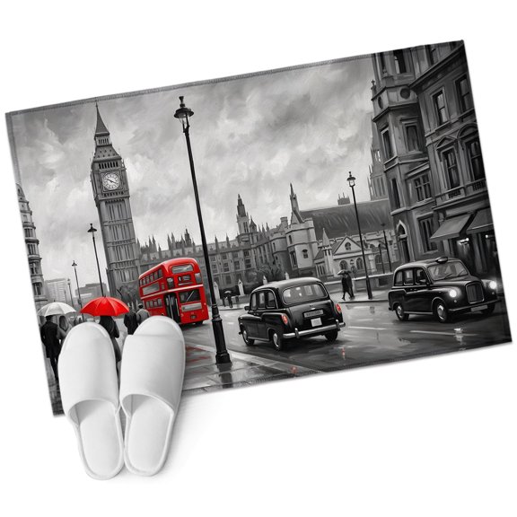 City Street Bathroom Rug Washable 2x3 Entryway Rug Non Slip Big Ben London River Bus Bridge Rainy Day Front Door Mat Low Pile Indoor Doormat Throw Floor Carpet for Kitchen Bedroom Entrance