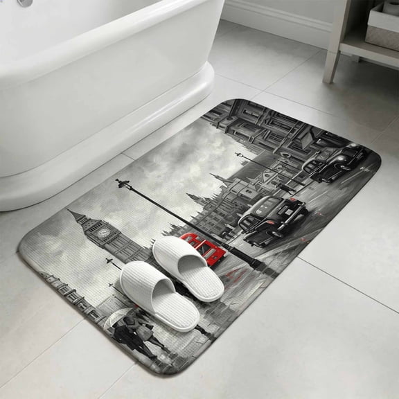 City Street Bathroom Rugs Non Slip Washable Bath Mat Absorbent Front Door Mat Big Ben London River Bus Bridge Rainy Day Indoor Doormat for Kitchen Entryway Shower Decor Accessories 19.7"x31.5"